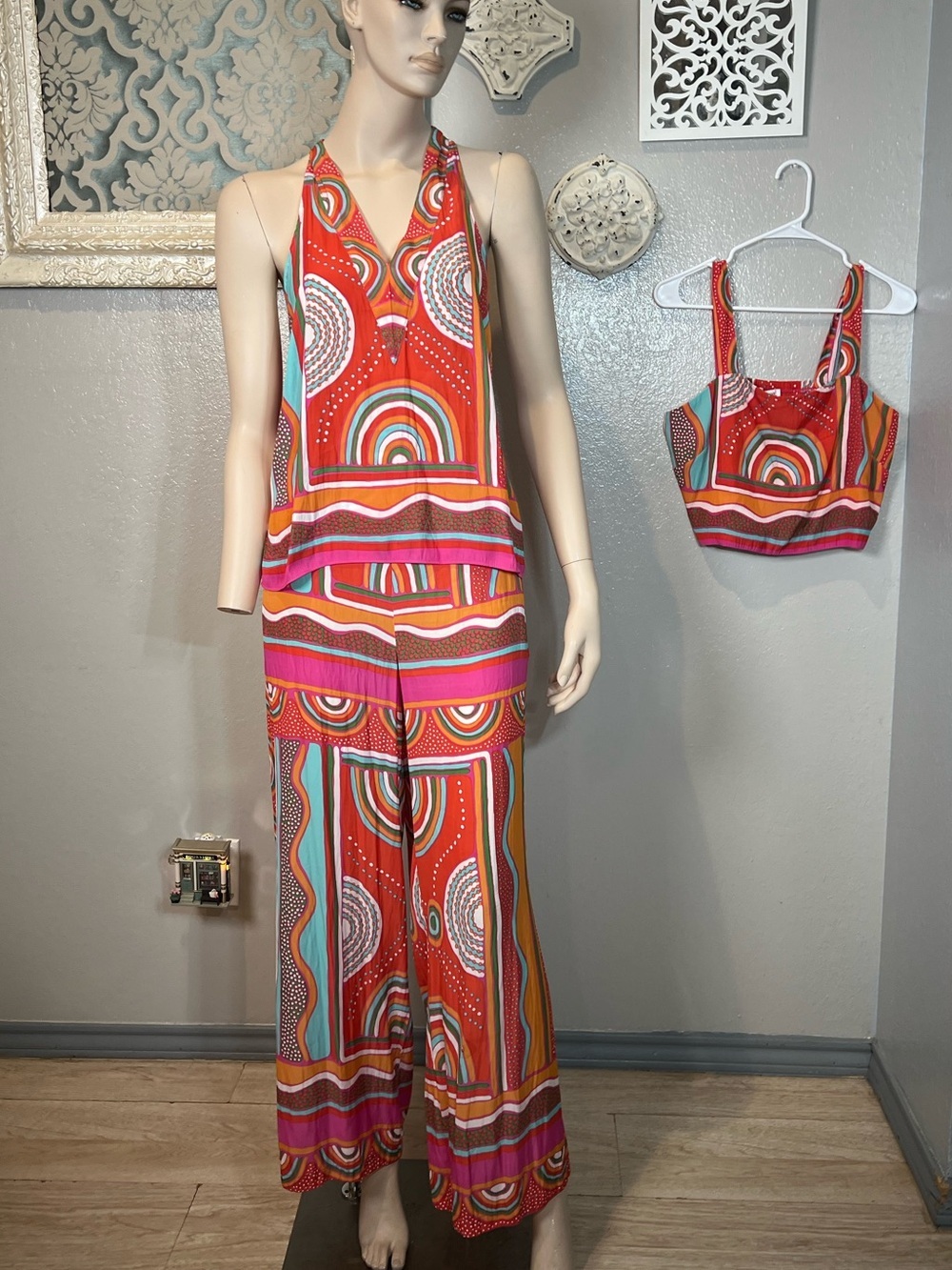 Rose & Olive Red and Turquoise Striped Halter 3 Piece Set